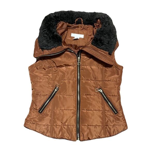 H&M Bronze Brown Puffer Vest Sleeveless Jacket Size Small Faux Fur Collar Zipper - Picture 1 of 7
